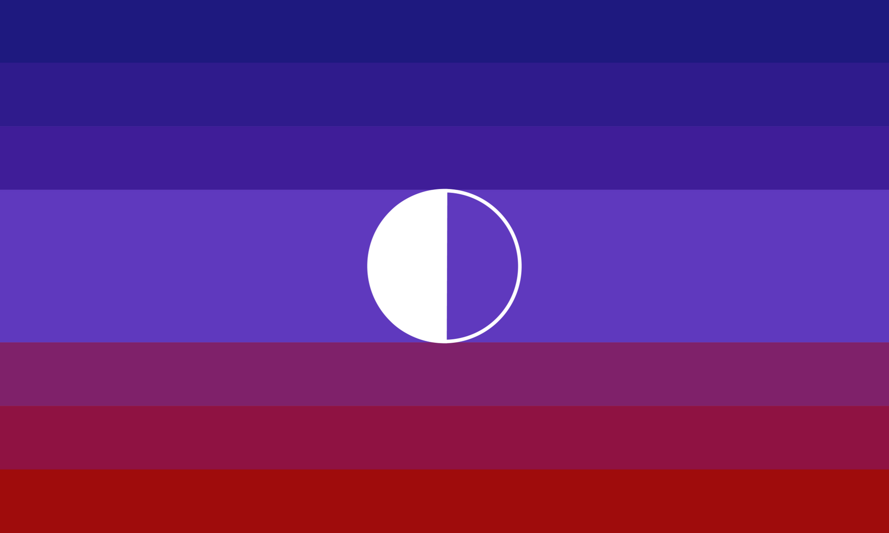 [Image ID: A flag with 7 horizontal stripes, the center one thicker than the others. Top to bottom, they are a gradient of dark blue to medium red, with the center stripe a lighter purple. In the center is an icon of a circle with one side filled in white